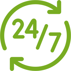 Green 24/7 symbol with circular arrows.