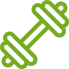 Green dumbbell icon on black background.