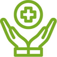 Hands holding medical symbol in green.