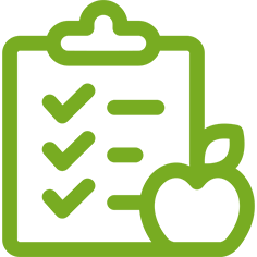 Clipboard with checklist and apple icon.